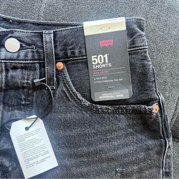 Levi’s 501 Original Fit High Rise Distressed Cutoff Black Denim Shorts - Picture 11 of 14